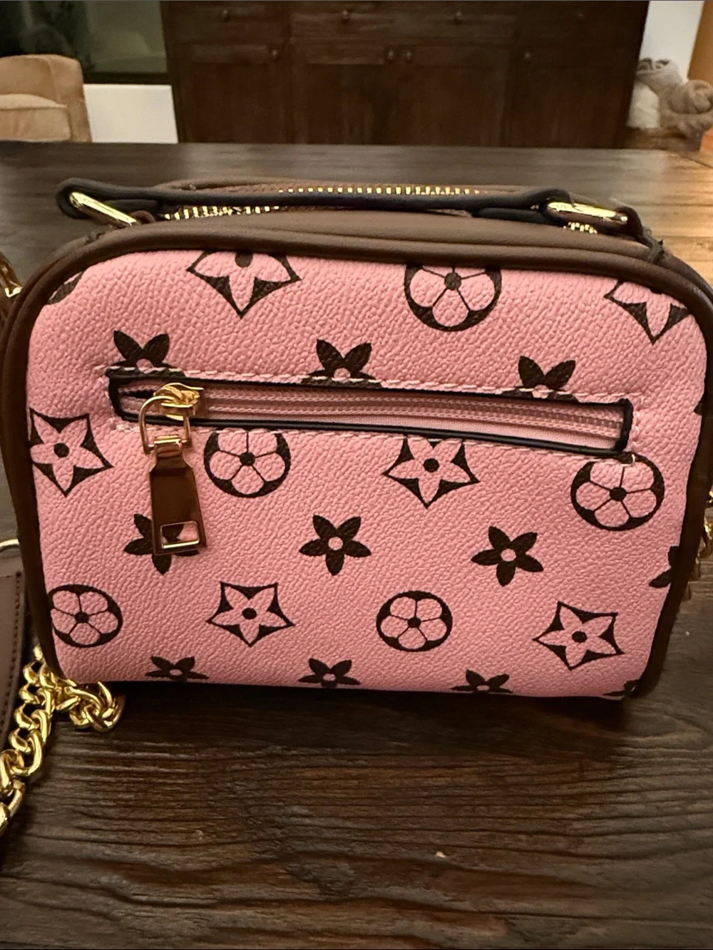 Pink and Brown Kids Crossbody Bag with Gold Chain Strap